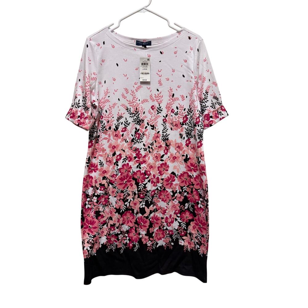 NWT Karen Scott T shirt dress Pink Floral Black accent cuffed sleeve Size Large